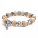 Catholic Town bracelet with Saint Benedict alloy beads, 10mm wood beads and crucifix ( available colors: Black, Brown, Ivory and Red )