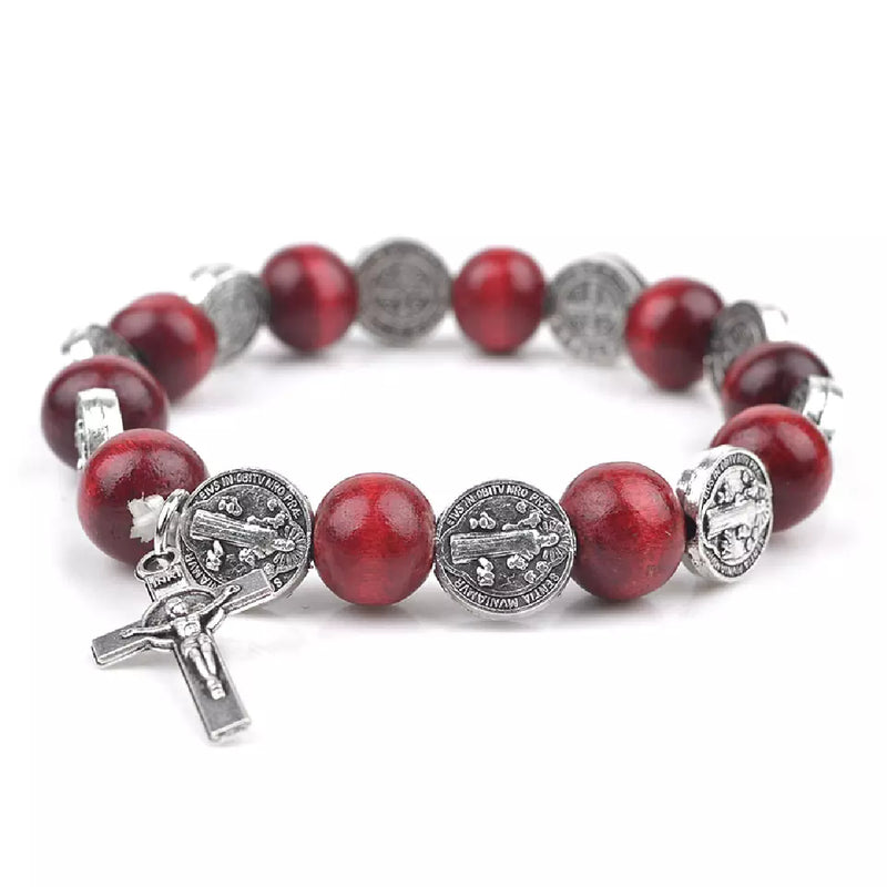 Catholic Town St Benedict Bracelet , wood beads and cross ( Black / Brown / Ivory / Red )