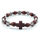 Catholic Town bracelet with Saint Benedict alloy beads, oval wood beads and cross ( CTBSBWBC-BRN )