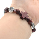 Catholic Town bracelet with Saint Benedict alloy beads, oval wood beads and cross ( CTBSBWBC-BRN )