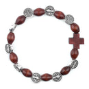 Catholic Town bracelet with Saint Benedict alloy beads, oval wood beads and cross ( CTBSBWBC-BRN )