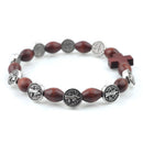 Catholic Town bracelet with Saint Benedict alloy beads, oval wood beads and cross ( CTBSBWBC-BRN )