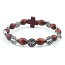 Catholic Town bracelet with Saint Benedict alloy beads, oval wood beads and cross ( CTBSBWBC-BRN )
