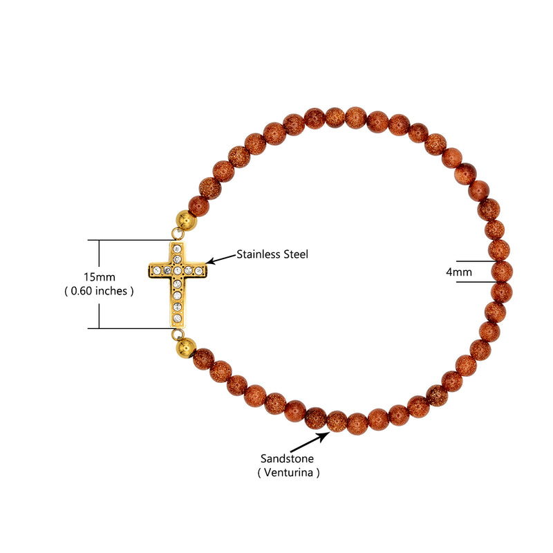 Catholic Town Stainless Steel cross Bracelet with 4mm Sandstone ( Venturina ) beads ( CTBSSCROV-G )