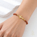 Catholic Town Stainless Steel cross Bracelet with 4mm Sandstone ( Venturina ) beads ( CTBSSCROV-G )