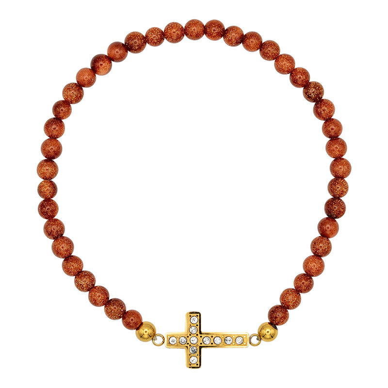 Catholic Town Stainless Steel cross Bracelet with 4mm Sandstone ( Venturina ) beads ( CTBSSCROV-G )