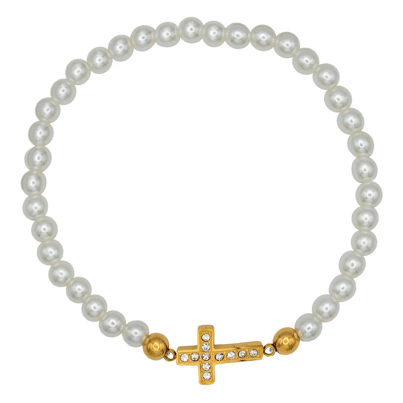 Catholic Town Bracelet with 4mm white round beads and stainless steel cross ( Gold & Silver )