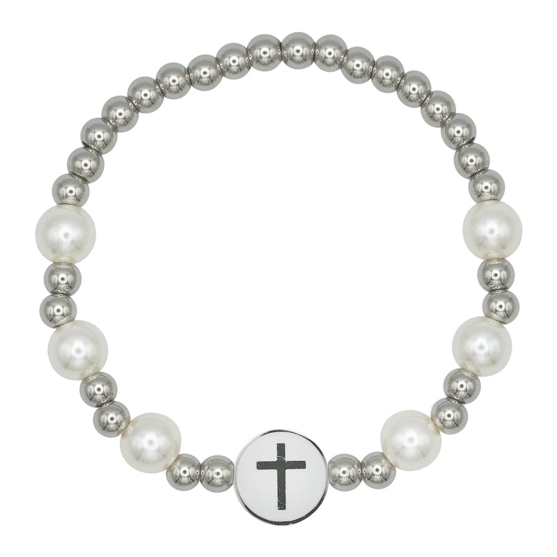 Catholic Town stainless steel Bracelet with two side white enamel cross medal (CTBSSECM-S)