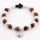 Catholic Town elastic bracelet with 8mm glass pearl beads and wooden beads with Rose Medal and cross ( CTBWPBWC-BBW )