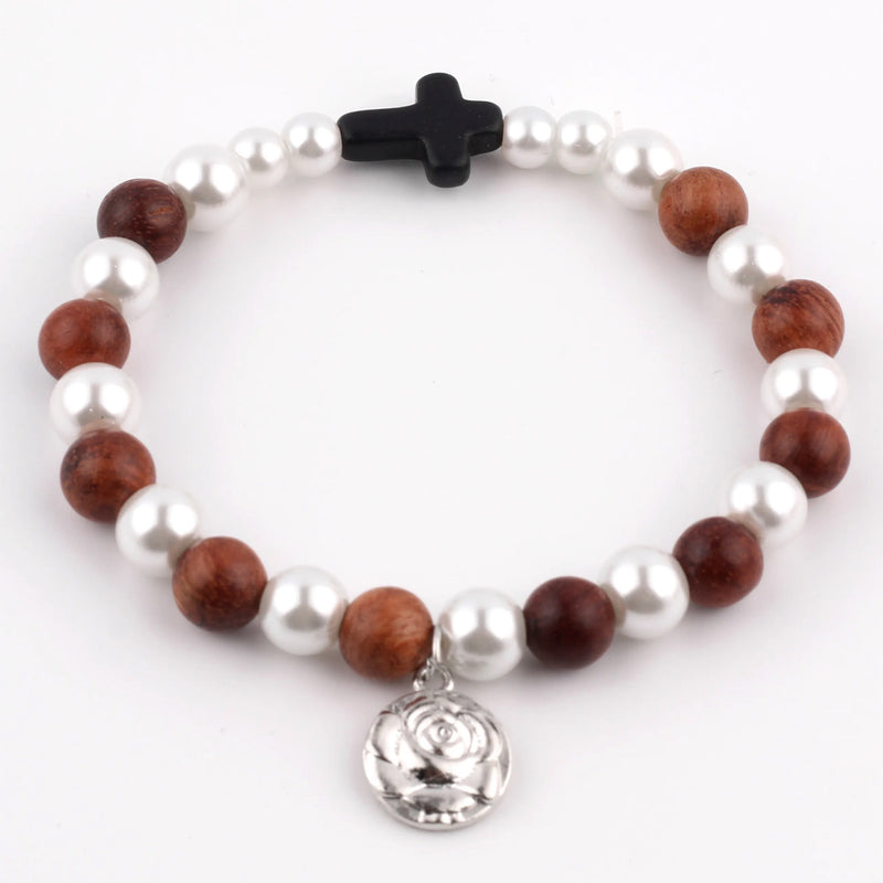 Catholic Town elastic bracelet with 8mm glass pearl beads and wooden beads with Rose Medal and cross ( CTBWPBWC-BBW )