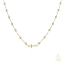 Catholic Town Stainless Steel Sideways Cross Necklace with White Pearl-Style Beads ( Gold or Silver )