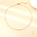 Catholic Town Stainless Steel Sideways Cross Necklace with White Pearl-Style Beads ( Gold or Silver )
