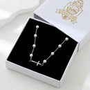 Catholic Town Stainless Steel Sideways Cross Necklace with White Pearl-Style Beads ( Gold or Silver )