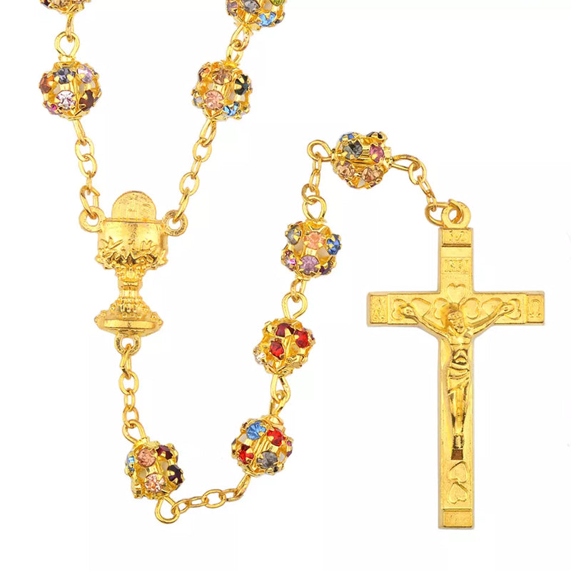 Catholic Town Rhinestone rosary necklace with Chalice center piece and multicolor crystal beads ( CTRCHCDB-G )