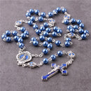 Catholic Town Rosary blue glass imitation pearl beads Enamel Crucifix and Miraculous Medal (CTRMM6PB-BLU)