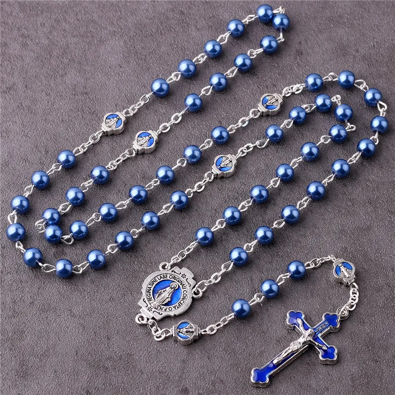 Catholic Town Rosary blue glass imitation pearl beads Enamel Crucifix and Miraculous Medal (CTRMM6PB-BLU)