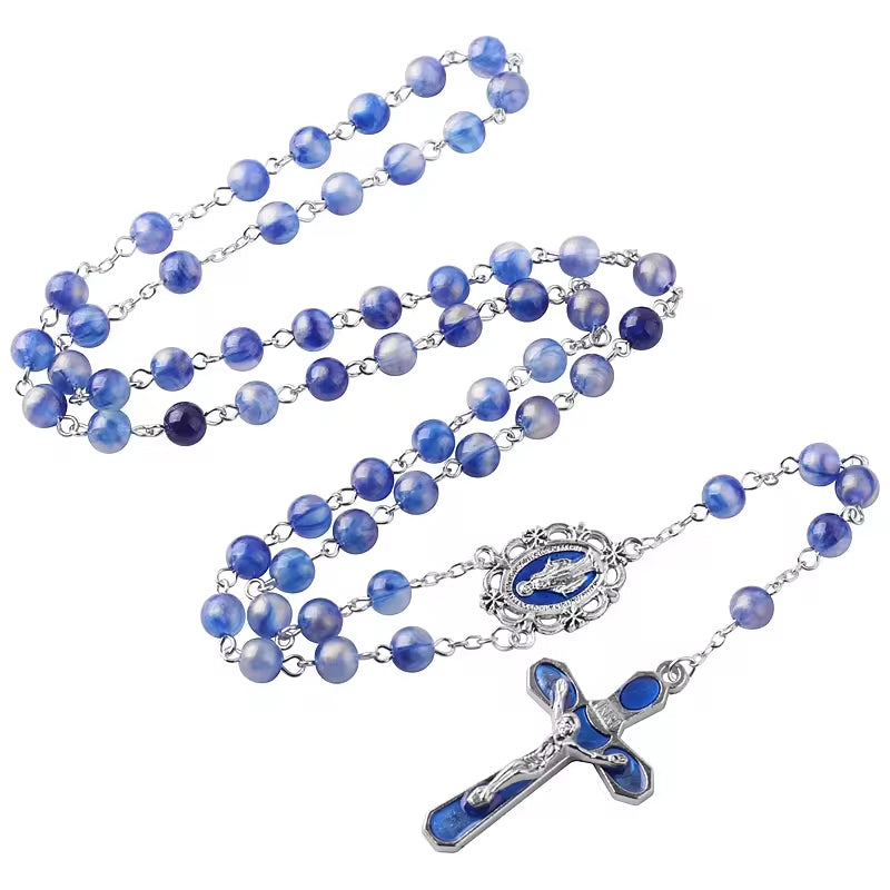 Catholic Town Necklace Rosary with Miraculous Medal centerpiece medal and 8mm blue Beads ( CTRMM8AB-BLU )