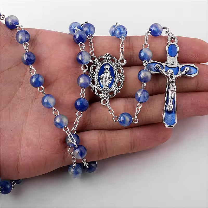 Catholic Town Necklace Rosary with Miraculous Medal centerpiece medal and 8mm blue Beads ( CTRMM8AB-BLU )