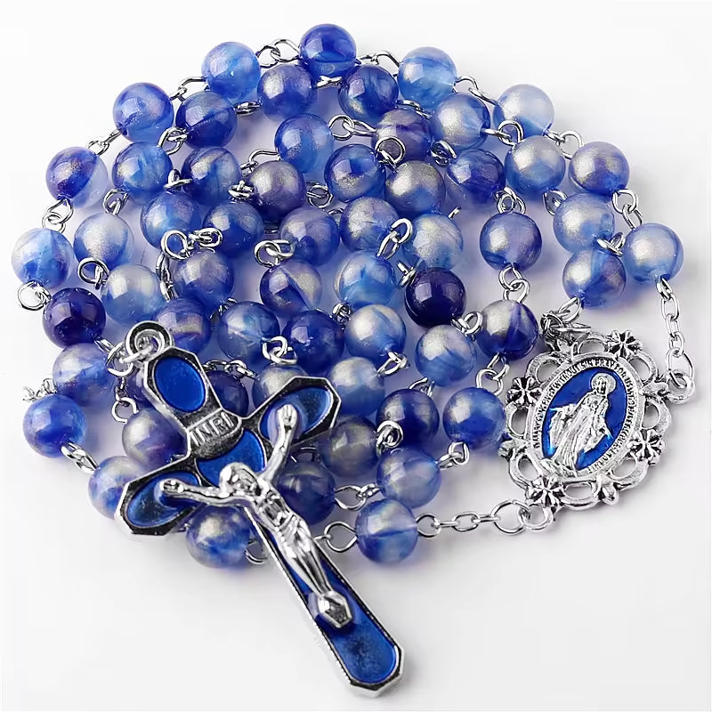 Catholic Town Necklace Rosary with Miraculous Medal centerpiece medal and 8mm blue Beads ( CTRMM8AB-BLU )