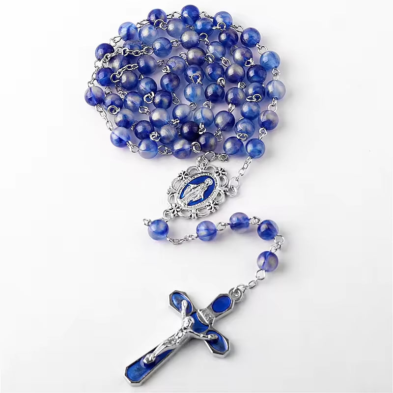 Catholic Town Necklace Rosary with Miraculous Medal centerpiece medal and 8mm blue Beads ( CTRMM8AB-BLU )