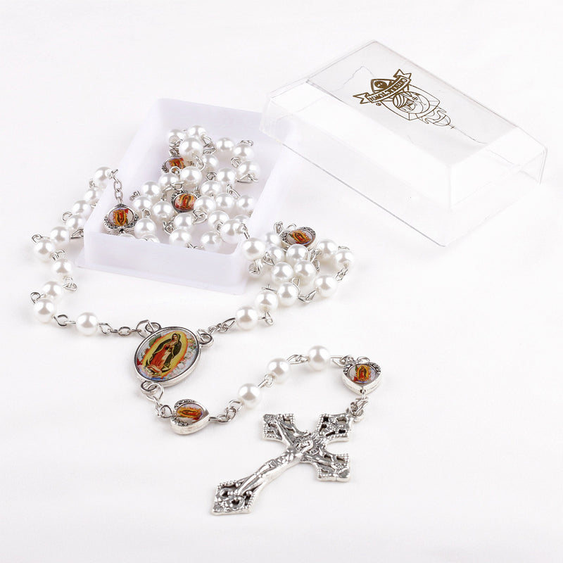 Catholic Town Rosary with Our Lady of Guadalupe "Nuestra Señora de Guadalupe" center piece, 6mm pearl imitation beads and cross crucifix ( CTRNSGC-WHT )