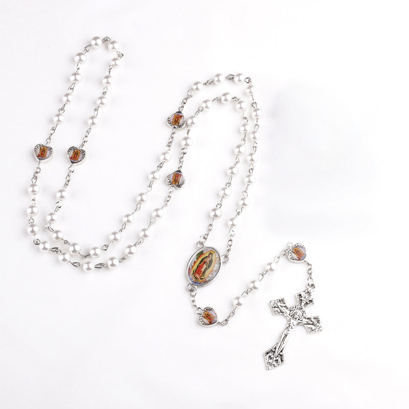 Catholic Town Rosary with Our Lady of Guadalupe "Nuestra Señora de Guadalupe" center piece, 6mm pearl imitation beads and cross crucifix ( CTRNSGC-WHT )