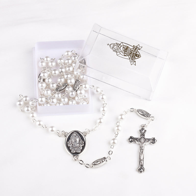 Catholic Town Rosary with Our Lady of Guadalupe "Nuestra Señora de Guadalupe" center piece, 6mm pearl imitation beads and Jerusalem cross crucifix ( CTRNSGS-WHT )