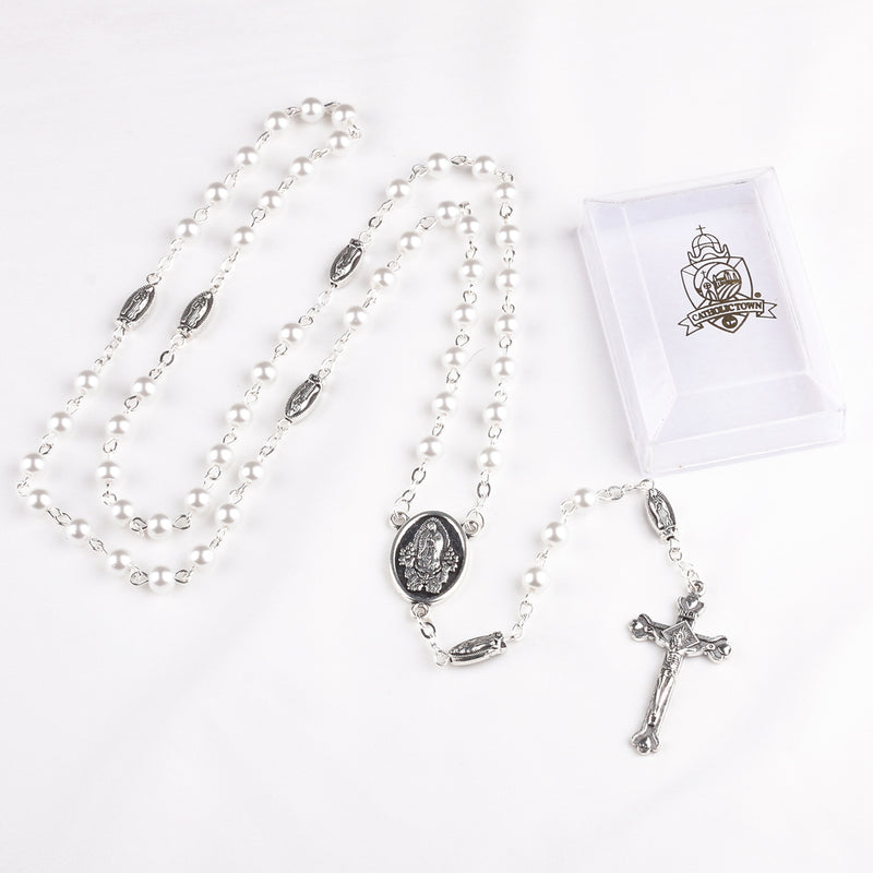 Catholic Town Rosary with Our Lady of Guadalupe "Nuestra Señora de Guadalupe" center piece, 6mm pearl imitation beads and Jerusalem cross crucifix ( CTRNSGS-WHT )