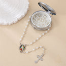 Catholic Town Guardian Angel White Bead Rosary with Matching Metal Keepsake Box (CTROSMIRAG-WHT)