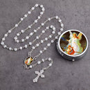 Catholic Town White Catholic Rosary with Guardian Angel Round Keepsake Case (CTROSMIRAG-WHT)
