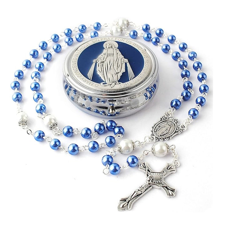 Catholic Town 6mm Glass Pearl Beads with 8mm Our Father Beads with Caps Rosary Pack in Miraculous Metal Gift Box (Available in Blue and Pink colors )