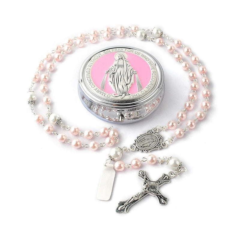 Catholic Town 6mm Glass Pearl Beads with 8mm Our Father Beads with Caps Rosary Pack in Miraculous Metal Gift Box (Available in Blue and Pink colors )