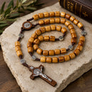 Catholic Town St. Benedict Wooden Rosary – Natural Wood Beads, Benedictine Medal Centerpiece, Wooden Crucifix, Handmade Catholic Prayer Rosary ( CTROSSBWB-IVR )