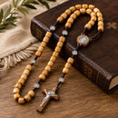 Catholic Town St. Benedict Wooden Rosary – Natural Wood Beads, Benedictine Medal Centerpiece, Wooden Crucifix, Handmade Catholic Prayer Rosary ( CTROSSBWB-IVR )