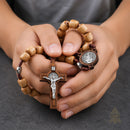 Catholic Town St. Benedict Wooden Rosary – Natural Wood Beads, Benedictine Medal Centerpiece, Wooden Crucifix, Handmade Catholic Prayer Rosary ( CTROSSBWB-IVR )