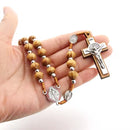 Catholic Town Saint Benedict rosary with 10mm Olive wood beads and Jerusalem cross crucifix , Handmade ( CTROSSBWMC-IVR )