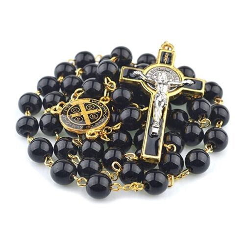Catholic Town St Benedict center piece rosary with 8mm glass beads ( Black, Purple, Red, White )