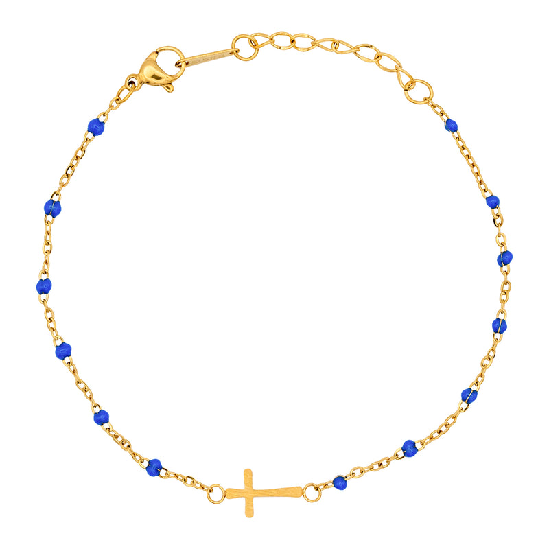 Catholic Town Minimalist Stainless steel cross Bracelet with colored beads ( Gold/Blue , Gold/Red , Gold/White )