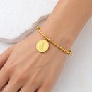 Catholic Town Stainless Steel Religious Cuff Bangle Ball Ends Bracelet with Our Lady of Charity "Virgen de la Caridad del Cobre" medal ( Gold & Silver color available )