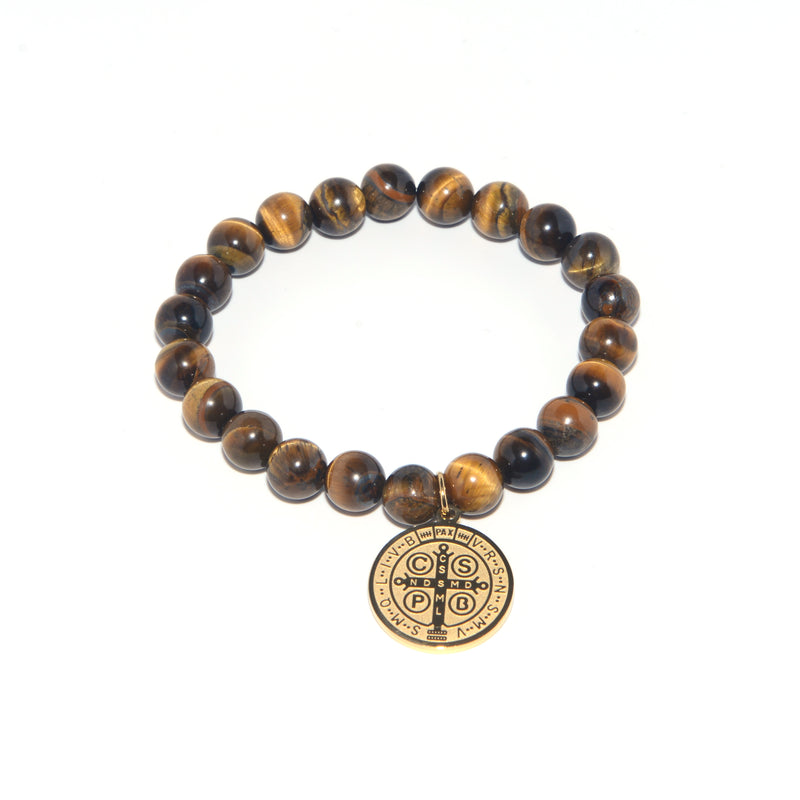 Catholic Town Bracelet with Stainless Steel St Benedict medal and 8mm Tiger eyes beads (SSBSB-BWG)