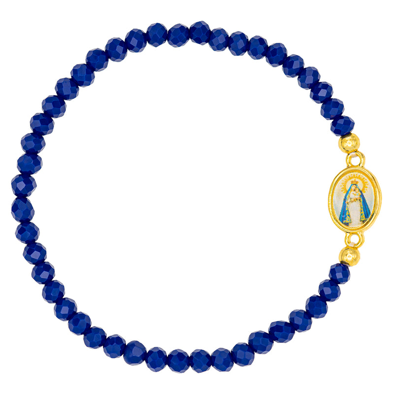 Catholic Town elastic Bracelet with Virgen de la Caridad del Cobre medal and 4mm beads ( Available colors: Blue, Brown, Clear, Red, White, Yellow, Pearl White )