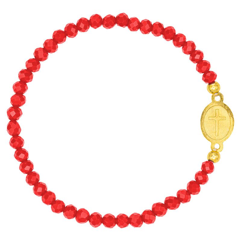 Catholic Town elastic Bracelet with Virgen de la Caridad del Cobre medal and 4mm beads ( Available colors: Blue, Brown, Clear, Red, White, Yellow, Pearl White )