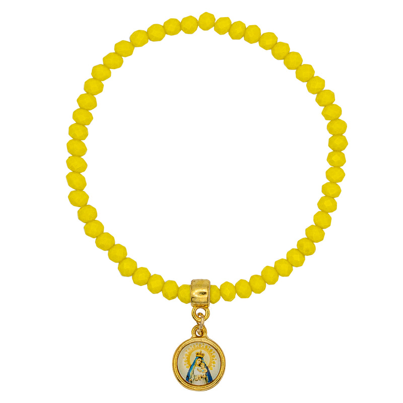 Catholic Town elastic Bracelet with Virgen de la Caridad del Cobre and Sagrado Corazón de Jesus medal with 4mm beads ( Available colors: Blue, Clear, Red, White, Yellow, Pearl White )