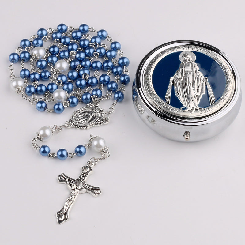 Catholic Town 6mm Glass Pearl Beads with 8mm Our Father Beads with Caps Rosary Pack in Miraculous Metal Gift Box (Available in Blue and Pink colors )