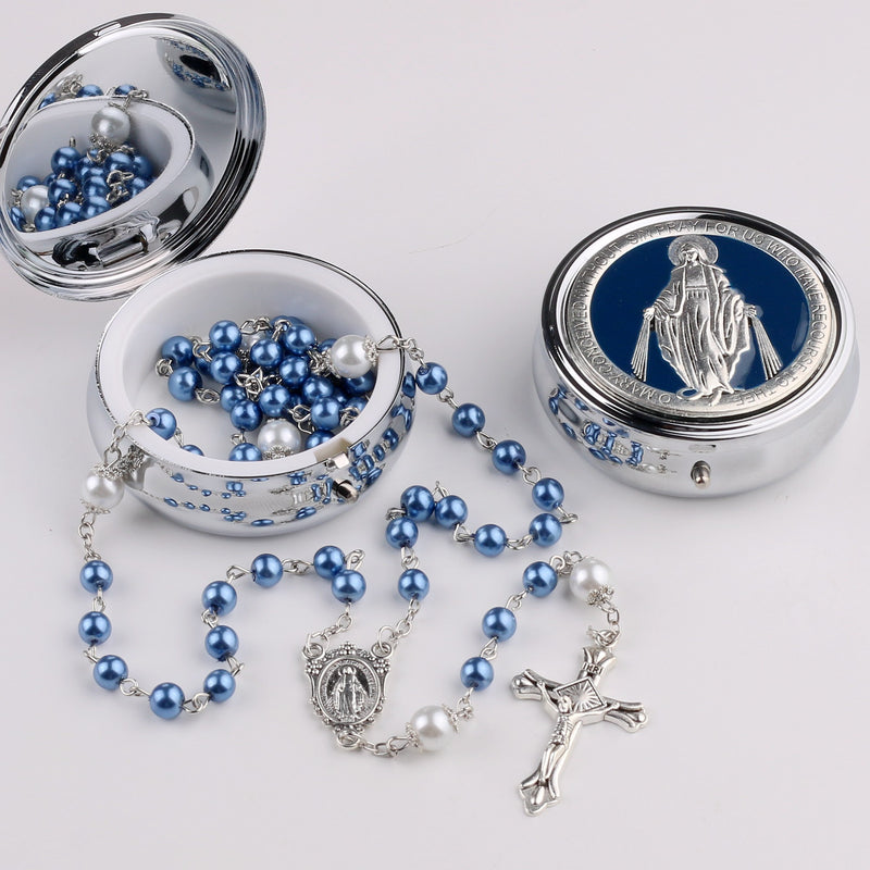 Catholic Town 6mm Glass Pearl Beads with 8mm Our Father Beads with Caps Rosary Pack in Miraculous Metal Gift Box (Available in Blue and Pink colors )