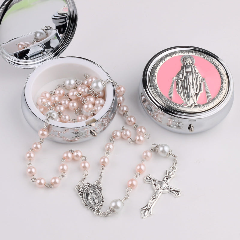 Catholic Town 6mm Glass Pearl Beads with 8mm Our Father Beads with Caps Rosary Pack in Miraculous Metal Gift Box (Available in Blue and Pink colors )