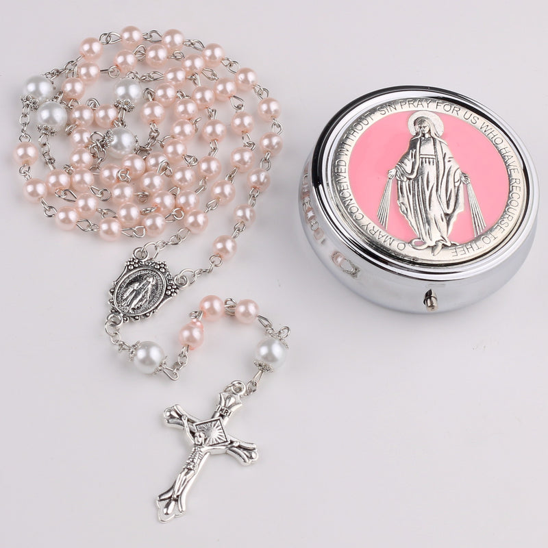 Catholic Town 6mm Glass Pearl Beads with 8mm Our Father Beads with Caps Rosary Pack in Miraculous Metal Gift Box (Available in Blue and Pink colors )