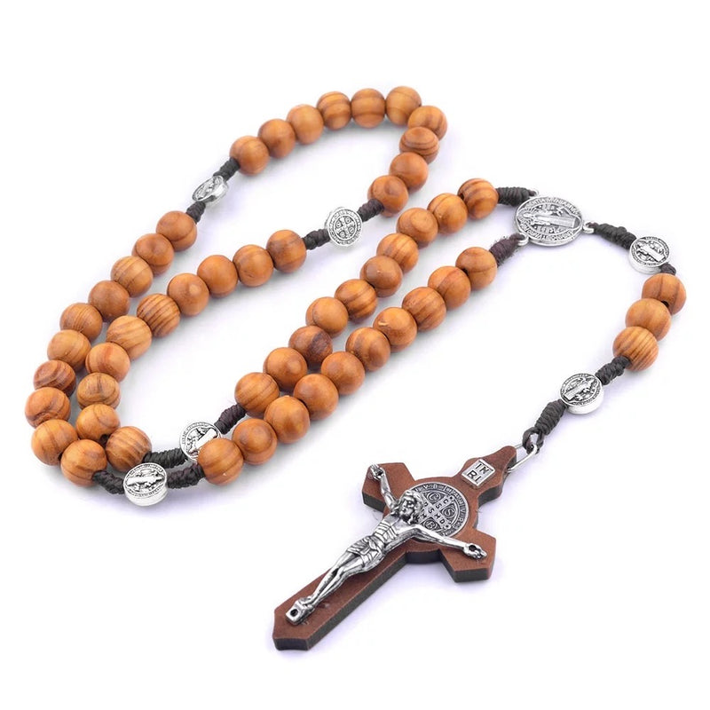 Catholic Town Saint Benedict rosary with 10mm Olive wood beads and cross crucifix, Handmade ( ROSSBWBC-IVR )