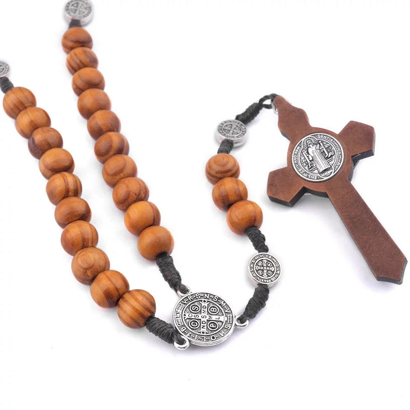 Catholic Town Saint Benedict rosary with 10mm Olive wood beads and cross crucifix, Handmade ( ROSSBWBC-IVR )