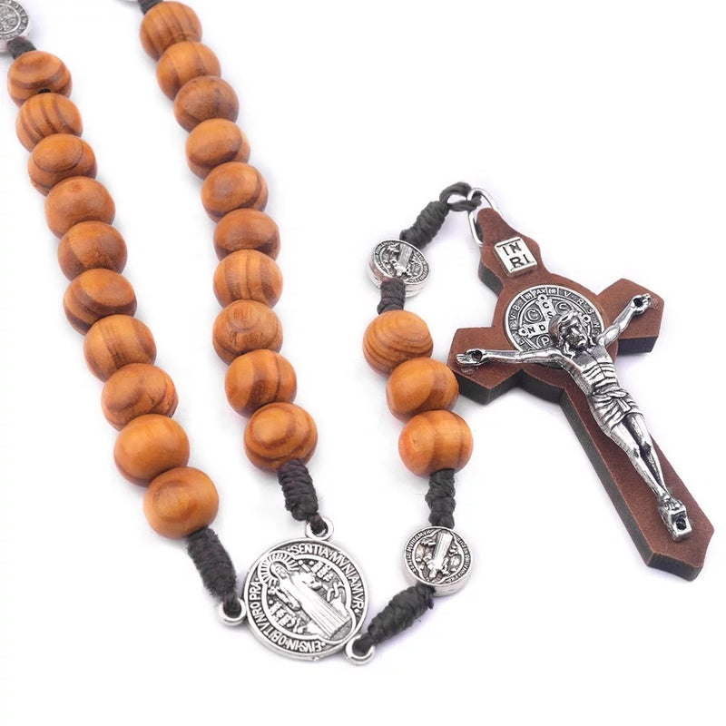 Catholic Town Saint Benedict rosary with 10mm Olive wood beads and cross crucifix, Handmade ( ROSSBWBC-IVR )